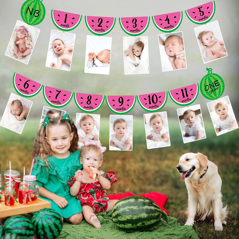 Joymee Watermelon Photo Banner 1-12 Month 1st Birthday Monthly Banner Baby Girl Photo Display Milestone Photograph Bunting Garland One In a Melon Summer Fruit Themed Party Supplies Decorations - Image 4